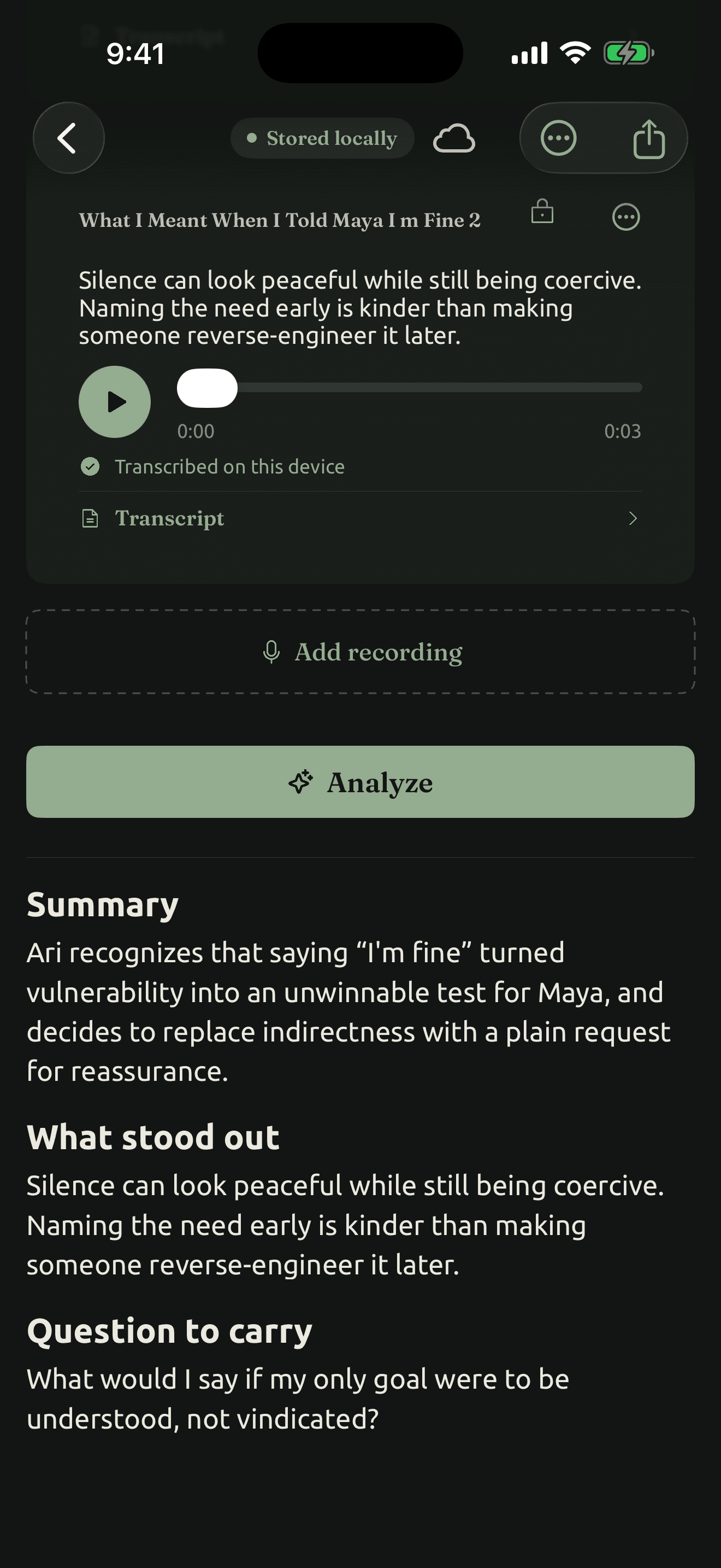 A note saved on the device with its recording, transcript, and finished note