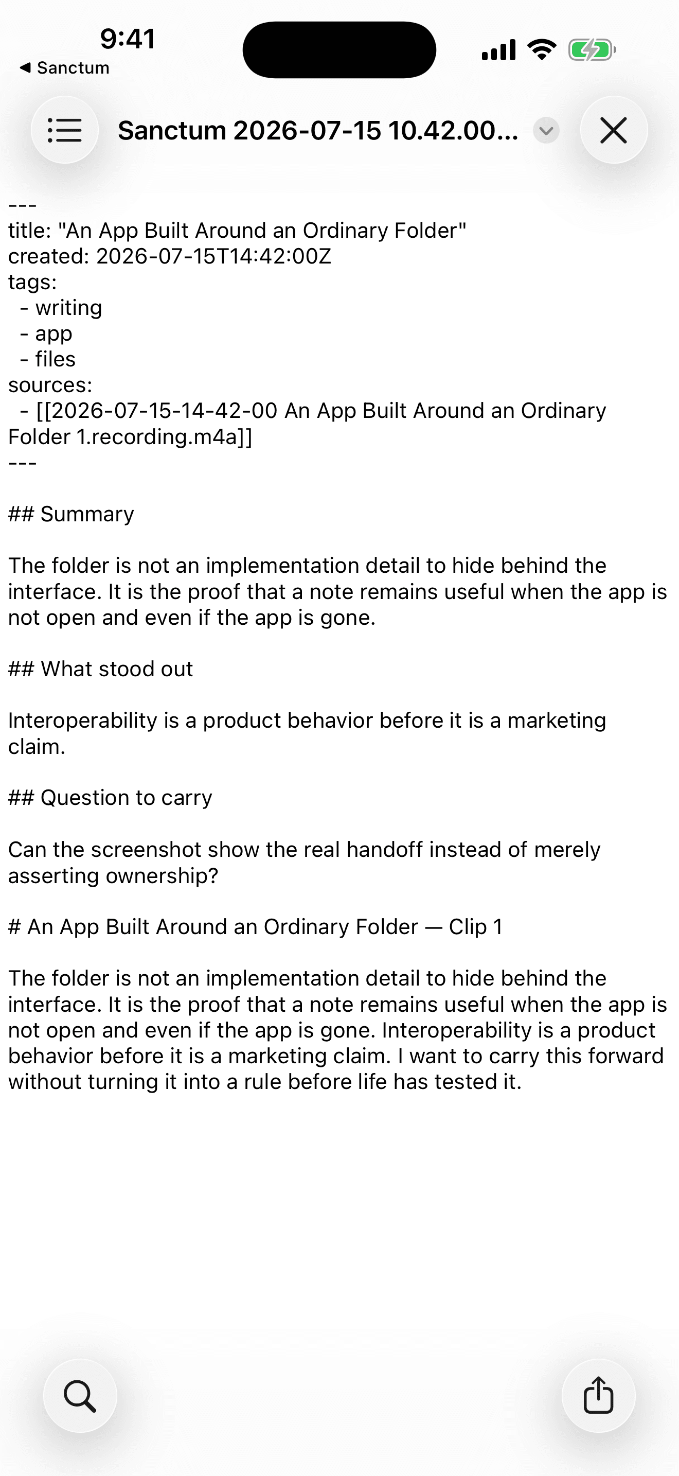 Files displays the readable Markdown document for the sample note An App Built Around an Ordinary Folder