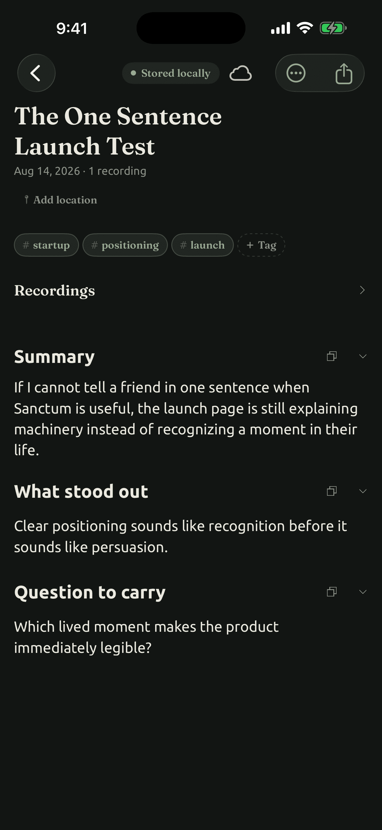 Illustrative Sanctum note: The One Sentence Launch Test