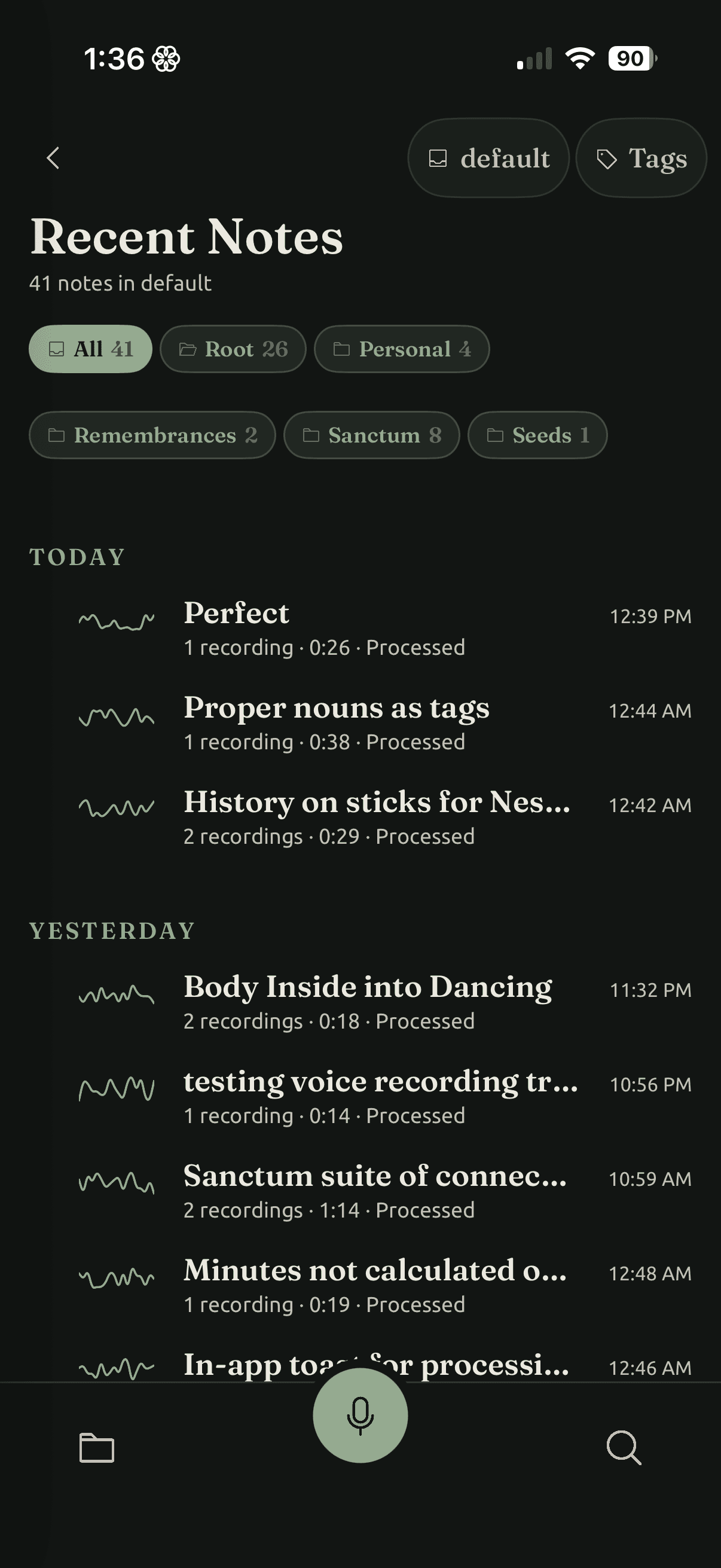 Recent notes organized into local folders in Sanctum